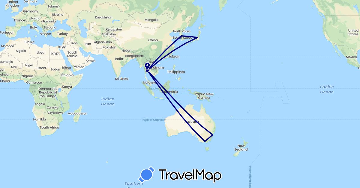 TravelMap itinerary: driving in Australia, Japan, South Korea, Thailand (Asia, Oceania)